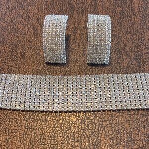 Silver Crystal Multi-Row Choker and Hoop Earring Set